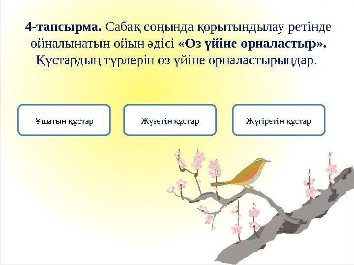 4-тапсырма. Сабақ соңында қорытындылау ретінде ойналынатын ойын әдісі «Өз үйіне орналастыр». Құстардың түрлерін өз үйіне орна