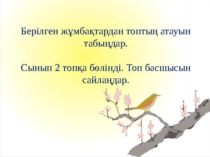 Берілген жұмбақтардан топтың атауын табыңдар. Сынып 2 топқа бөлінді. Топ басшысын сайлаңдар.