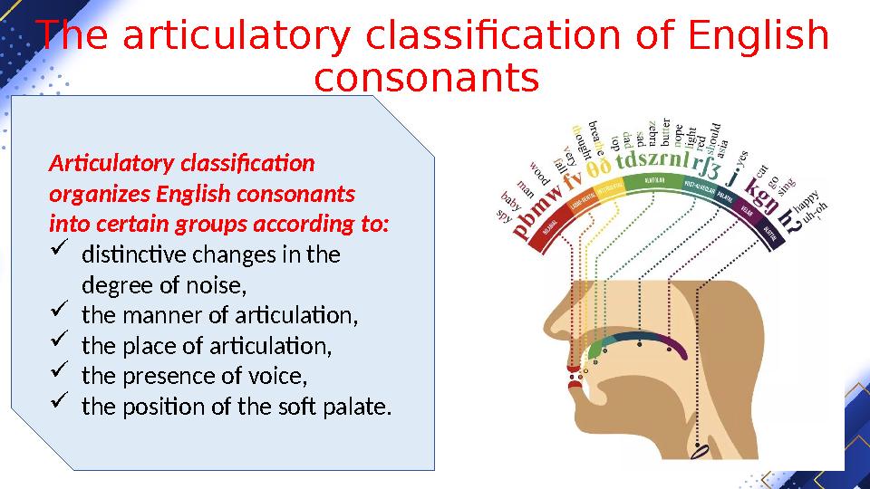 The articulatory classification of English consonants Articulatory classification organizes English consonants into certain