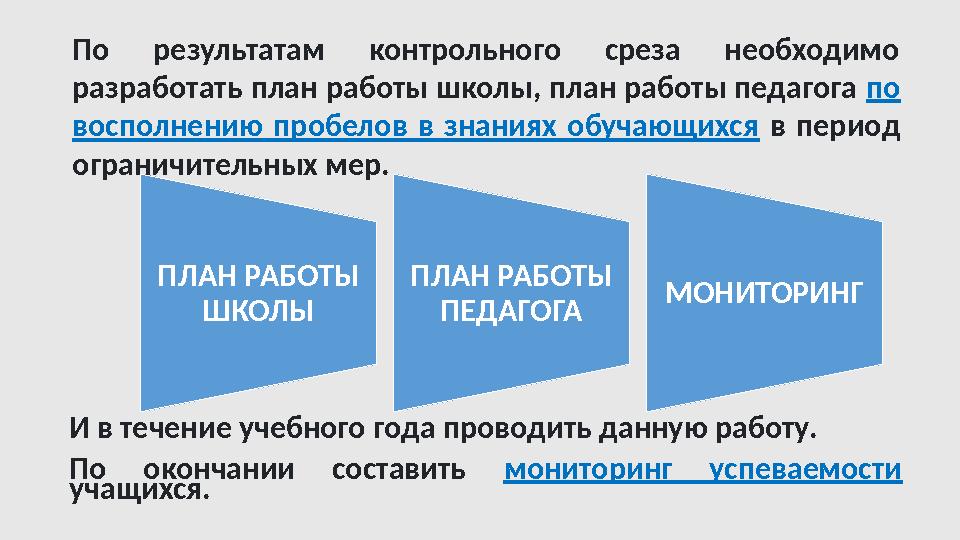 ПЛАН РАБОТЫ ШКОЛЫ ПЛАН РАБОТЫ ПЕДАГОГА МОНИТОРИНГПо результатам контрольного среза необходимо разработать план работы шко