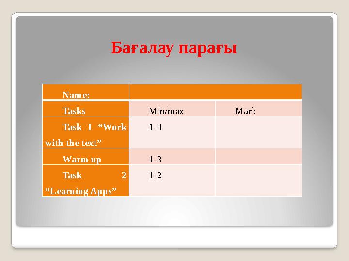 Бағалау парағы Name: Tasks Min/max Mark Task 1 “Work with the text” 1-3 Warm up 1-3 Task 2 “Learning Apps” 1-2