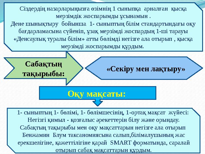 Сіздердің назарларыңызға өзімнің 1 сыныпқа арналған қысқа мерзімдік жоспарымды ұсынамын . Дене шынықтыру бойынша 1- сыныпты