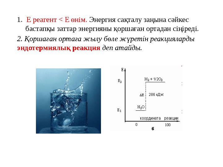 1. Е реагент < Е өнім. Энергия сақталу заңына сәйкес бастапқы заттар энергияны қоршаған ортадан сіңіреді. 2. Қоршаған орта