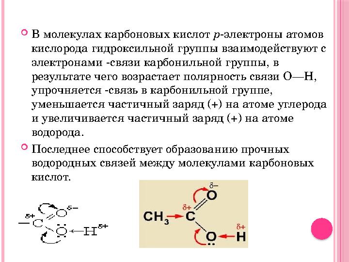  В молекулах карбоновых кислот p -электроны атомов кислорода гидроксильной группы взаимодействуют с электронами -связи карбо
