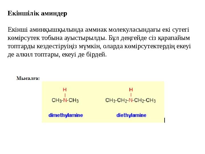 Екіншілік аминдер Екінші аминқышқылында аммиак молекуласындағы екі сутегі көмірсутек тобына ауыстырылды. Бұл деңгейде сіз қар