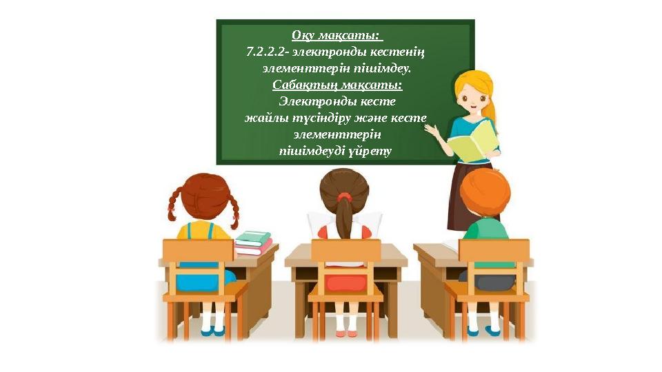 Оқу мақсаты: 7.2.2.2- электронды кестенің элементтерін пішімдеу. Сабақтың мақсаты: Электронды кесте жайлы түсіндіру және кесте