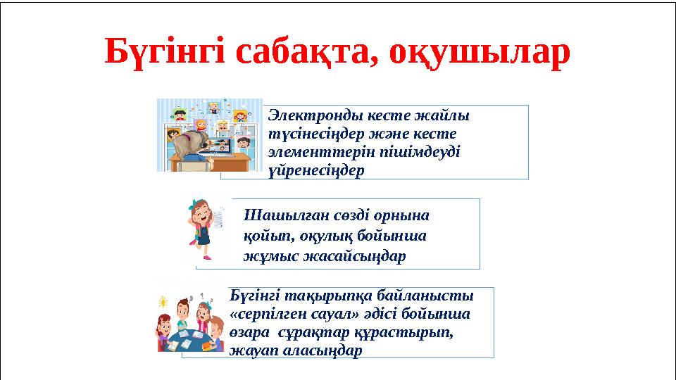 Электронды кесте жайлы түсінесіңдер және кесте элементтерін пішімдеуді үйренесіңдер Шашылған сөзді орнына қойып, оқулық бойы