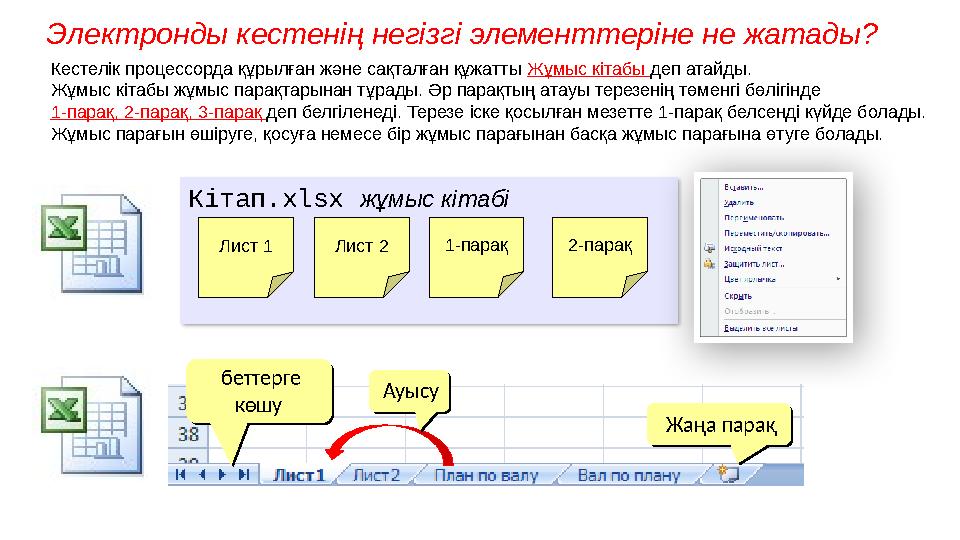 Электронды кестенің негізгі элементтеріне не жатады? Кітап .xlsx жұмыс кітабі Лист 1 Лист 2 1- пара қ 2- пара қ беттерге к