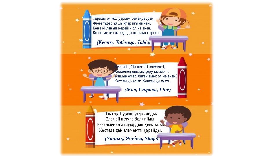 Тұрады ол жолдармен бағандардан, Және тұрар ұяшықтар ағымынан. Кәне ойланып көрейік ол не екен, Баған менен жолдарды қиылыстырға