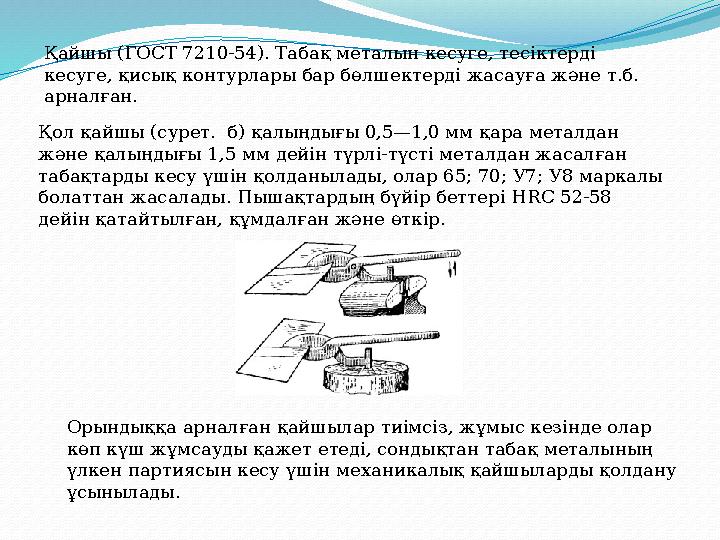 Қайшы (ГОСТ 7210-54). Табақ металын кесуге, тесіктерді кесуге, қисық контурлары бар бөлшектерді жасауға және т.б. арналған. Қо