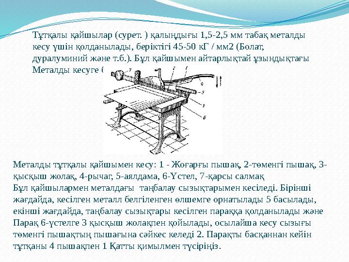 Тұтқалы қайшылар (сурет. ) қалыңдығы 1,5-2,5 мм табақ металды кесу үшін қолданылады, беріктігі 45-50 кГ / мм2 (Болат, дуралуми