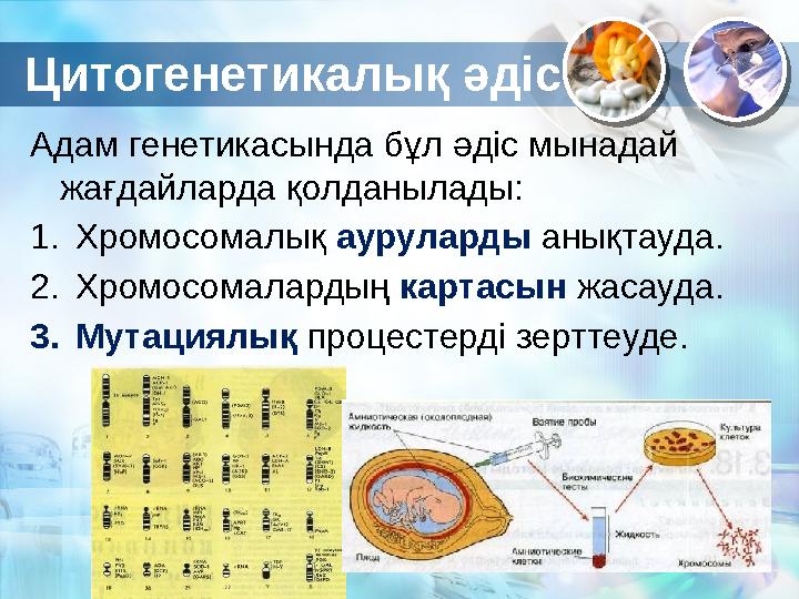 Цитогенетикалық әдіс Адам генетикасында бұл әдіс мынадай жағдайларда қолданылады: 1. Хромосомалық ауруларды анықтауда. 2. Х