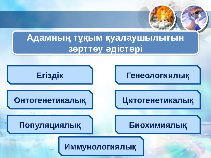 Адамны ң тұқым қуалаушылығын зерттеу әдістері Генеологиялық ЦитогенетикалықЕгіздік Онтогенетикалық Популяциялық Биохимиялық Имм