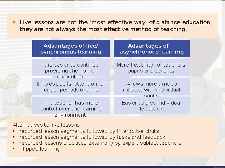 Live lessons are not the ‘most effective way’ of distance education; they are not always the most effective method of teaching.