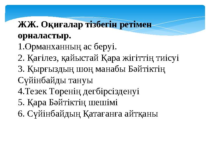 ЖЖ. Оқиғалар тізбегін ретімен орналастыр. 1.Орманханның ас беруі. 2. Қағілез, қайыстай Қара жігіттің тиісуі 3. Қырғыздың шо