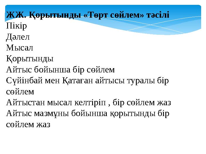 ЖЖ. Қорытынды «Төрт сөйлем» тәсілі Пікір Дәлел Мысал Қорытынды Айтыс бойынша бір сөйлем Сүйінбай мен Қатаған айтысы туралы бір