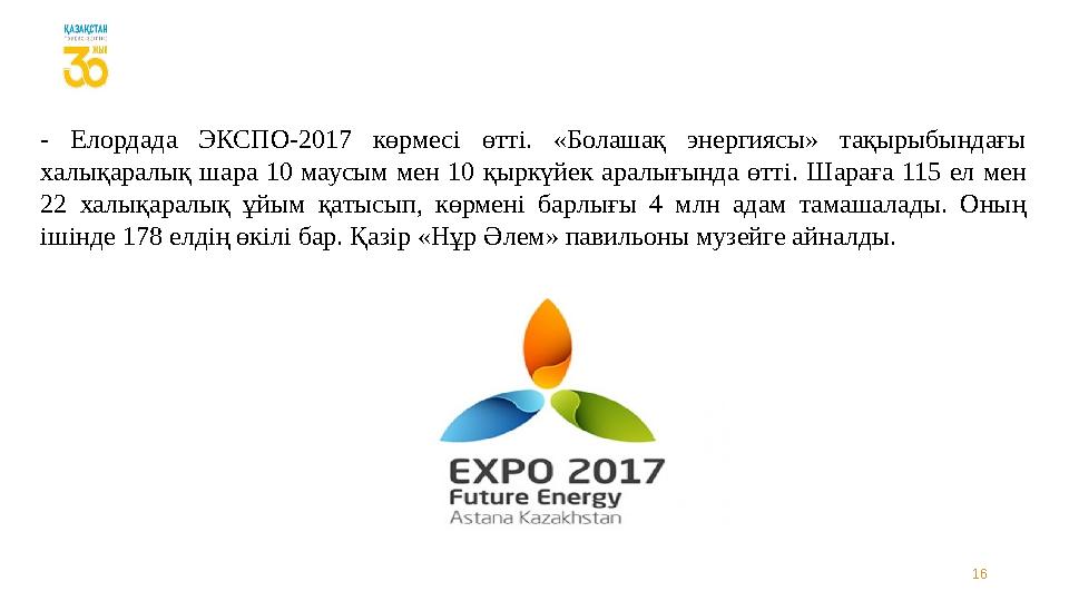 16- Елордада ЭКСПО-2017 көрмесі өтті. «Болашақ энергиясы» тақырыбындағы халықаралық шара 10 маусым мен 10 қыркүйек