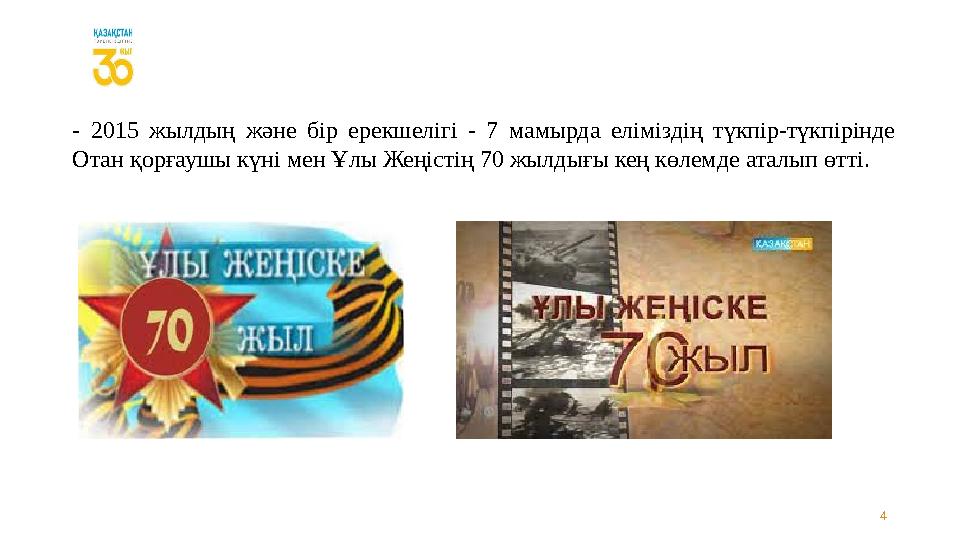 4- 2015 жылдың және бір ерекшелігі - 7 мамырда еліміздің түкпір-түкпірінде Отан қорғаушы күні мен Ұлы Жеңістің 70 жыл