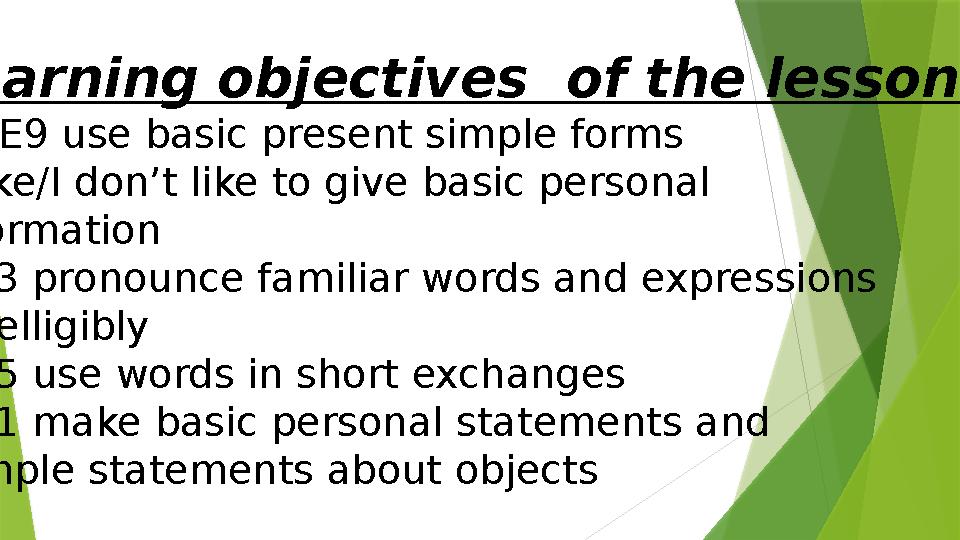 Learning objectives of the lesson: 1.UE9 use basic present simple forms I like/I don’t like to give basic personal informat