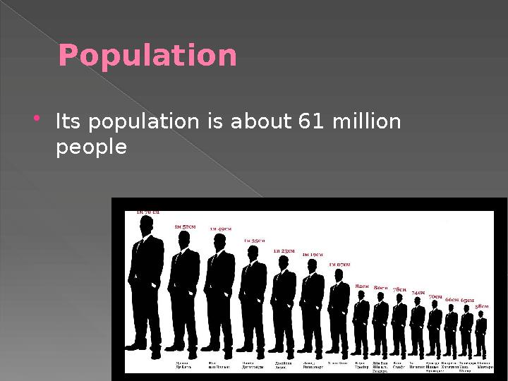Population  Its population is about 61 million people