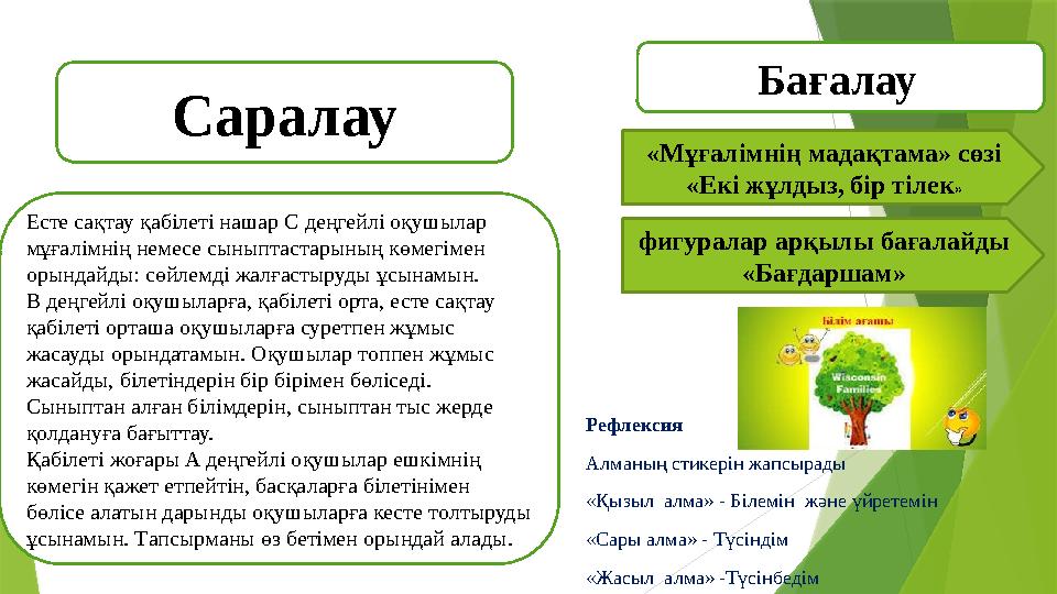 «Мұғалімнің мадақтама» сөзі «Екі жұлдыз, бір тілек » Рефлексия Алм a ның стикерін жапсырады «Қызыл a лма» - Б i лем i н ж
