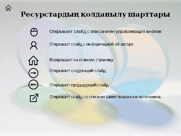 Ресурстардың қолданылу шарттары Открывает слайд с описанием управляющих кнопок Открывает слайд с информацией об авторе Возвра