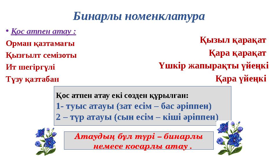 Бинарлы номенклатура • Қос атпен атау : Орман қазтамағы Қызғылт семізоты Ит шегіргүлі Түзу қазтабан Қызыл қарақат Қара қарақа