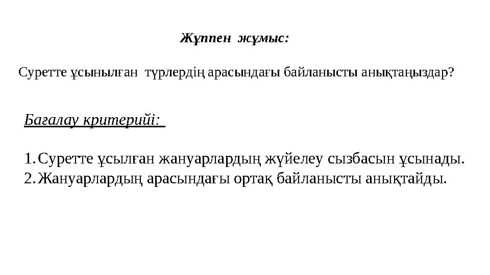 Жұппен жұмыс: Суретте ұсынылған түрлердің арасындағы байланысты анықтаңыздар? Бағалау критерийі: 1. Суретте ұсылған жануарла