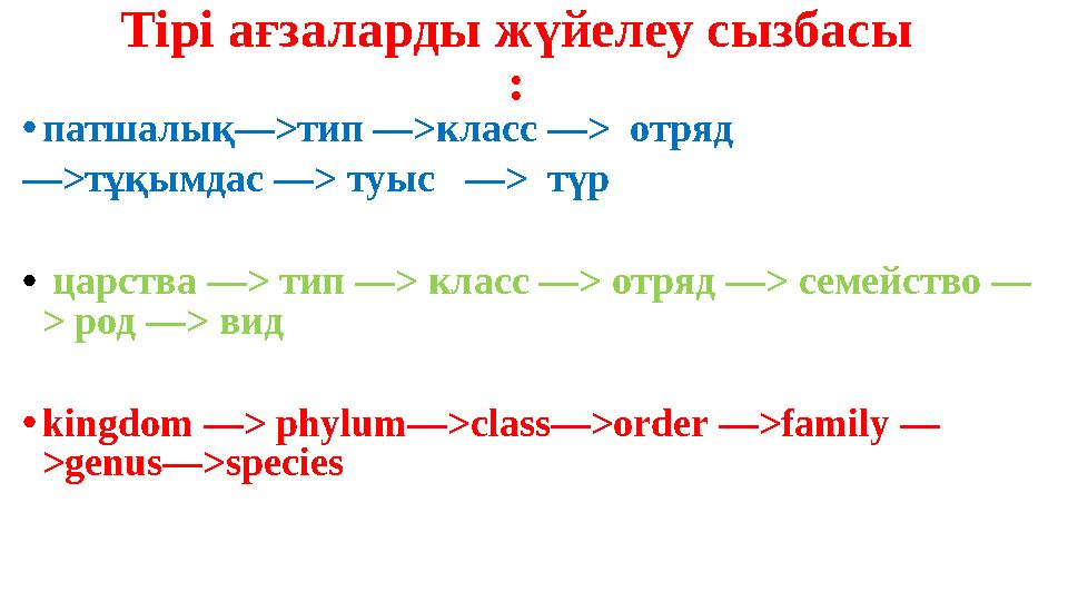 Тірі ағзаларды жүйелеу сызбасы : • патшалық—>тип —>класс —> отряд — >тұқымдас —> туыс —> түр • царства —> тип —> класс —