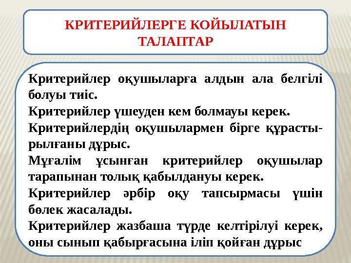 КРИТЕРИЙЛЕРГЕ КОЙЫЛАТЫН ТАЛАПТАР Критерийлер оқушыларға алдын ала белгілі болуы тиіс. Критерийлер үшеуден кем болмауы кере