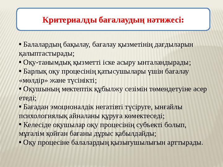 • Балалардың бақылау, бағалау қызметінің дағдыларын қалыптастырады ; • Оқу-танымдық қызметті іске асыру ынталандырады ; •