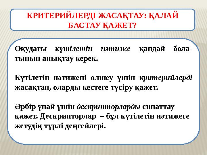 КРИТЕРИЙЛЕРДІ ЖАСАҚТАУ: ҚАЛАЙ БАСТАУ ҚАЖЕТ? Оқудағы күтілетін нәтиже қандай бола- тынын анықтау керек. Күтілетін нәтижені