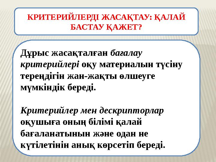 КРИТЕРИЙЛЕРДІ ЖАСАҚТАУ: ҚАЛАЙ БАСТАУ ҚАЖЕТ? Дұрыс жасақталған бағалау критерийлері оқу материалын түсіну тереңдігін жан-жақ