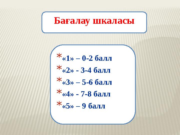 Бағалау шкаласы * «1» – 0-2 балл * «2» - 3-4 балл * «3» – 5-6 балл * «4» - 7-8 балл * «5» – 9 балл