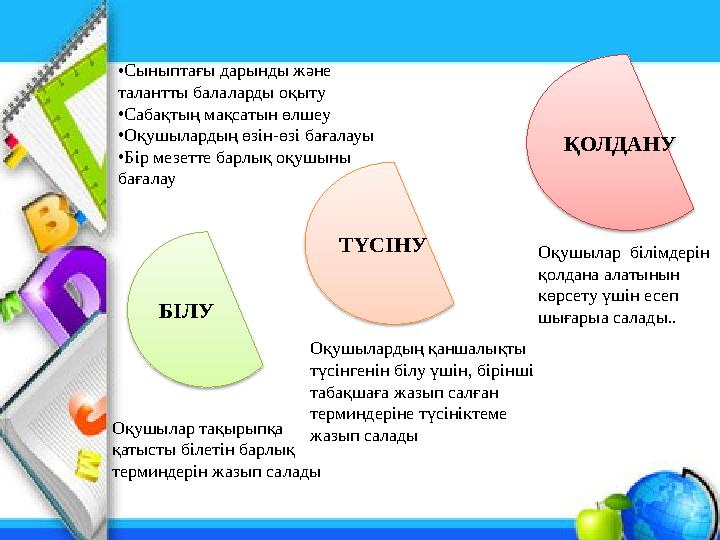 • Сыныптағы дарынды және талантты балаларды оқыту • Сабақтың мақсатын өлшеу • Оқушылардың өзін - өзі бағалауы • Бір мезетте бар