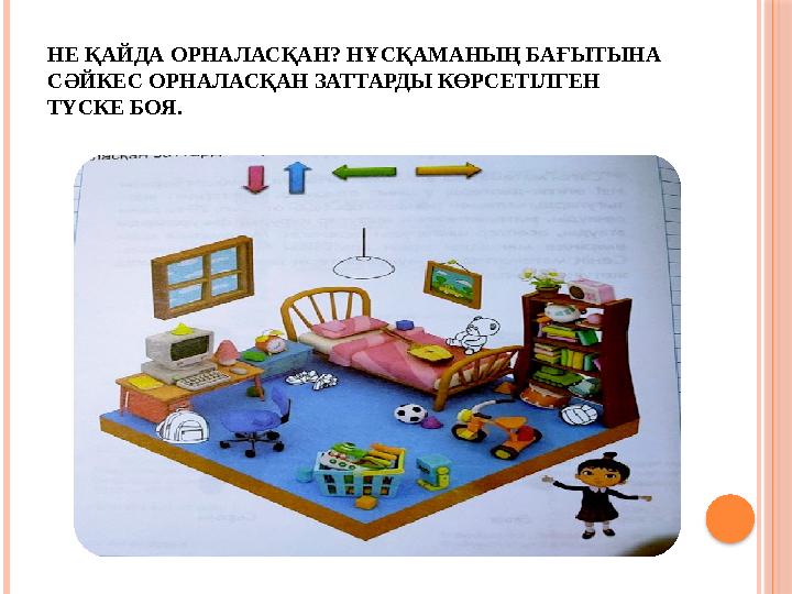 НЕ ҚАЙДА ОРНАЛАСҚАН? НҰСҚАМАНЫҢ БАҒЫТЫНА СӘЙКЕС ОРНАЛАСҚАН ЗАТТАРДЫ КӨРСЕТІЛГЕН ТҮСКЕ БОЯ.
