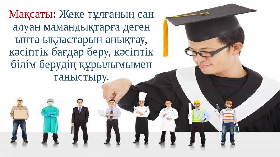 Мақсаты: Жеке тұлғаның сан алуан мамандықтарға деген ынта ықластарын анықтау, кәсіптік бағдар беру, кәсіптік білім берудің