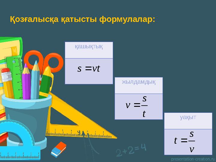 Қозғалысқа қатысты формулалар : қашықтық vt s  жылдамдық уақыт v s t  t s v 