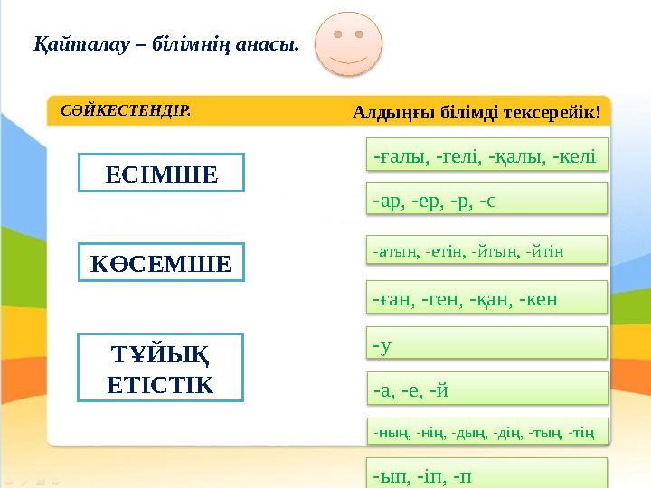 Алдыңғы білімді тексерейік!Қайталау – білімнің анасы. ЕСІМШЕ КӨСЕМШЕ ТҰЙЫҚ ЕТІСТІК -ғалы, -гелі, -қалы, -келі -ар, -ер, -р, -с