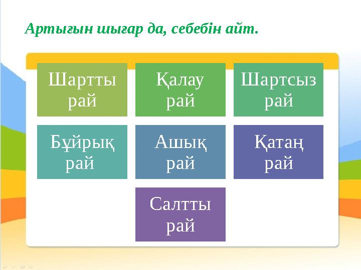 Шартты рай Қалау рай Шартсыз рай Бұйрық рай Ашық рай Қатаң рай Салтты райАртығын шығар да, себебін айт.
