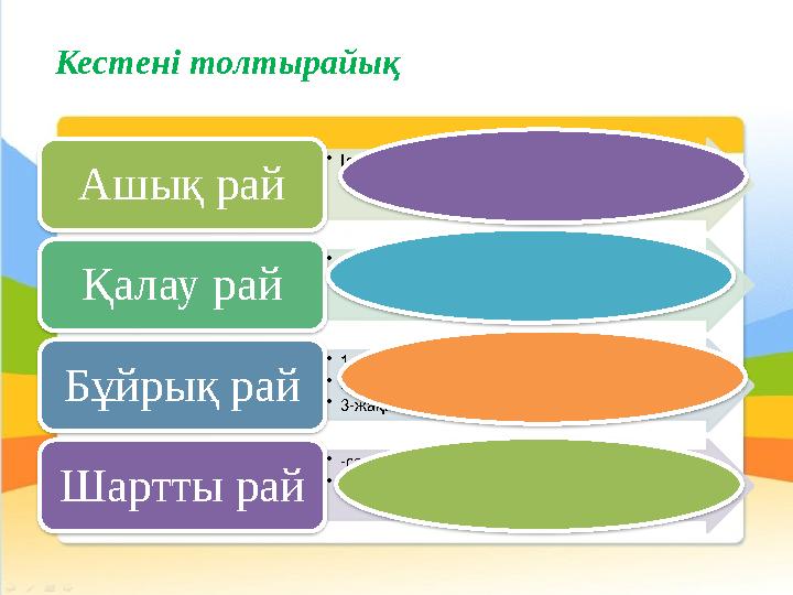 • Іс-әрекет шындыққа қатысты болып, кез-келген шақтың бірінде тұрады Ашық рай • -ғы, -гі, -қы, -кі + кел • -бар са м +ғой, игі