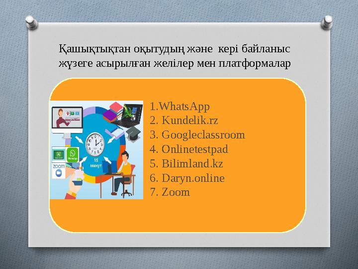 Қашықтықтан оқытудың және кері байланыс жүзеге асырылған желілер мен платформалар 1.WhatsApp 2. Kundelik.rz 3. Googleclassro