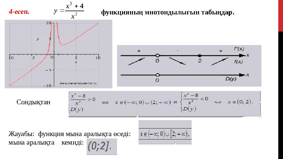 4-есеп. функцияның мнотондылығын табыңдар.2 3 4 x x y   Сондықтан Жауабы: функция мына аралықта өседі: