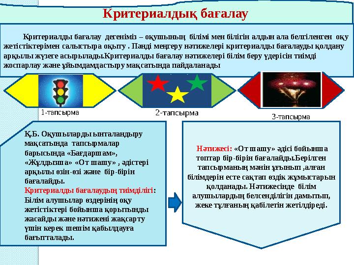 Критериалдық бағалау Критериалды бағалау дегеніміз – оқушының білімі мен білігін алдын ала белгіленген оқу жетіст