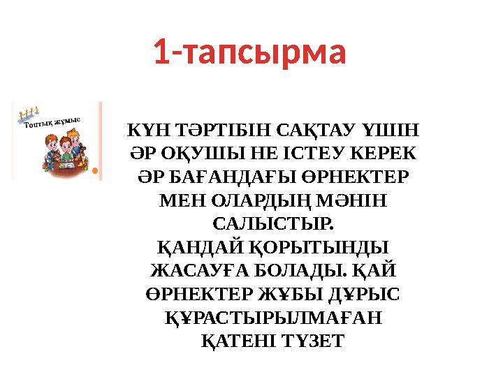 1- тапсырма КҮН ТӘРТІБІН САҚТАУ ҮШІН ӘР ОҚУШЫ НЕ ІСТЕУ КЕРЕК ӘР БАҒАНДАҒЫ ӨРНЕКТЕР МЕН ОЛАРДЫҢ МӘНІН САЛЫСТЫР. ҚАНДАЙ ҚОРЫТЫН