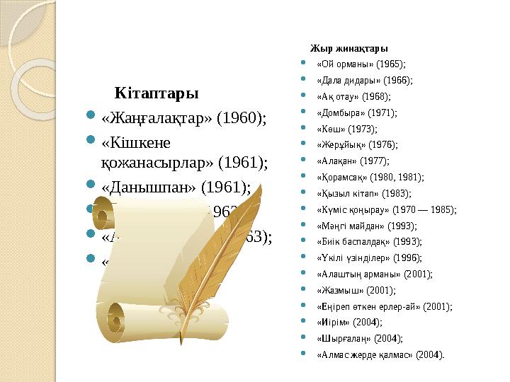 Кітаптары  «Жаңғалақтар» (1960);  «Кішкене қожанасырлар» (1961);  «Данышпан» (1961);  «Ноян-қоян» (1962);  «Алуан