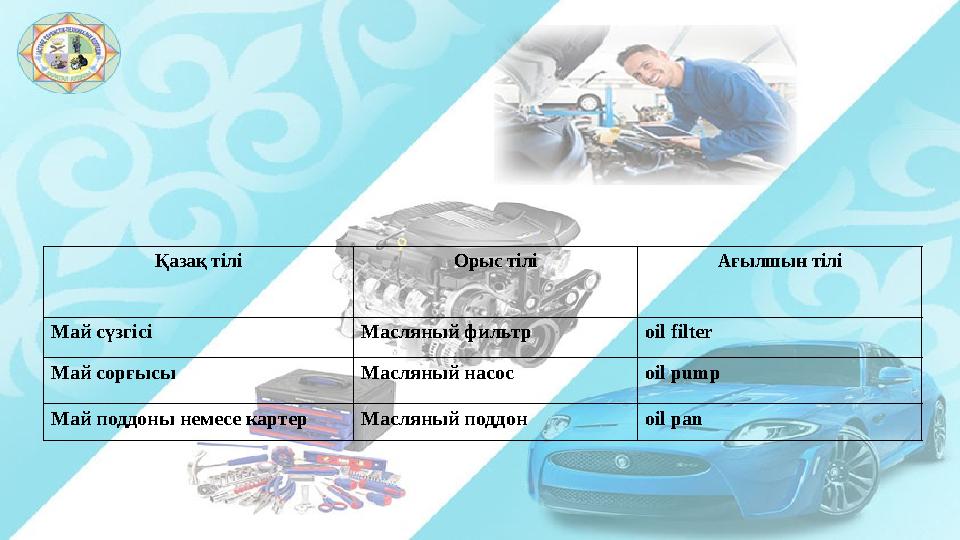 Қазақ тілі Орыс тілі Ағылшын тілі Май сүзгісі Масляный фильтр oil filter Май сорғысы Масляный насос oil pump Май поддоны немесе