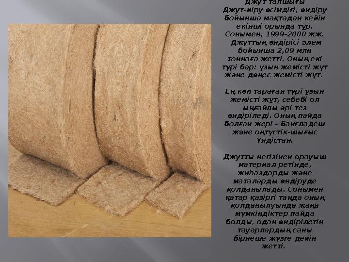 Джут талшығы Джут - иіру өсімдігі, өндіру бойынша мақтадан кейін екінші орында тұр. Сонымен, 1999-2000 жж. Джуттың өндірісі