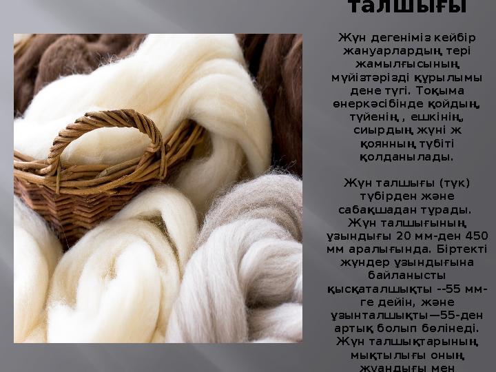 Жүн талшығы Жүн дегеніміз кейбір жануарлардың тері жамылғысының мүйізтәрізді құрылымы дене түгі. Тоқыма өнеркәсібінде қойд