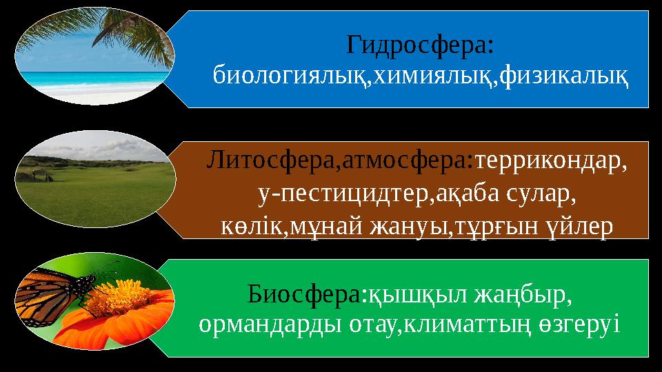 Гидросфера: биологиялық,химиялық,физикалық Литосфера,атмосфера: террикондар, у-пестицидтер,ақаба сулар, көлік,мұнай жануы,тұ